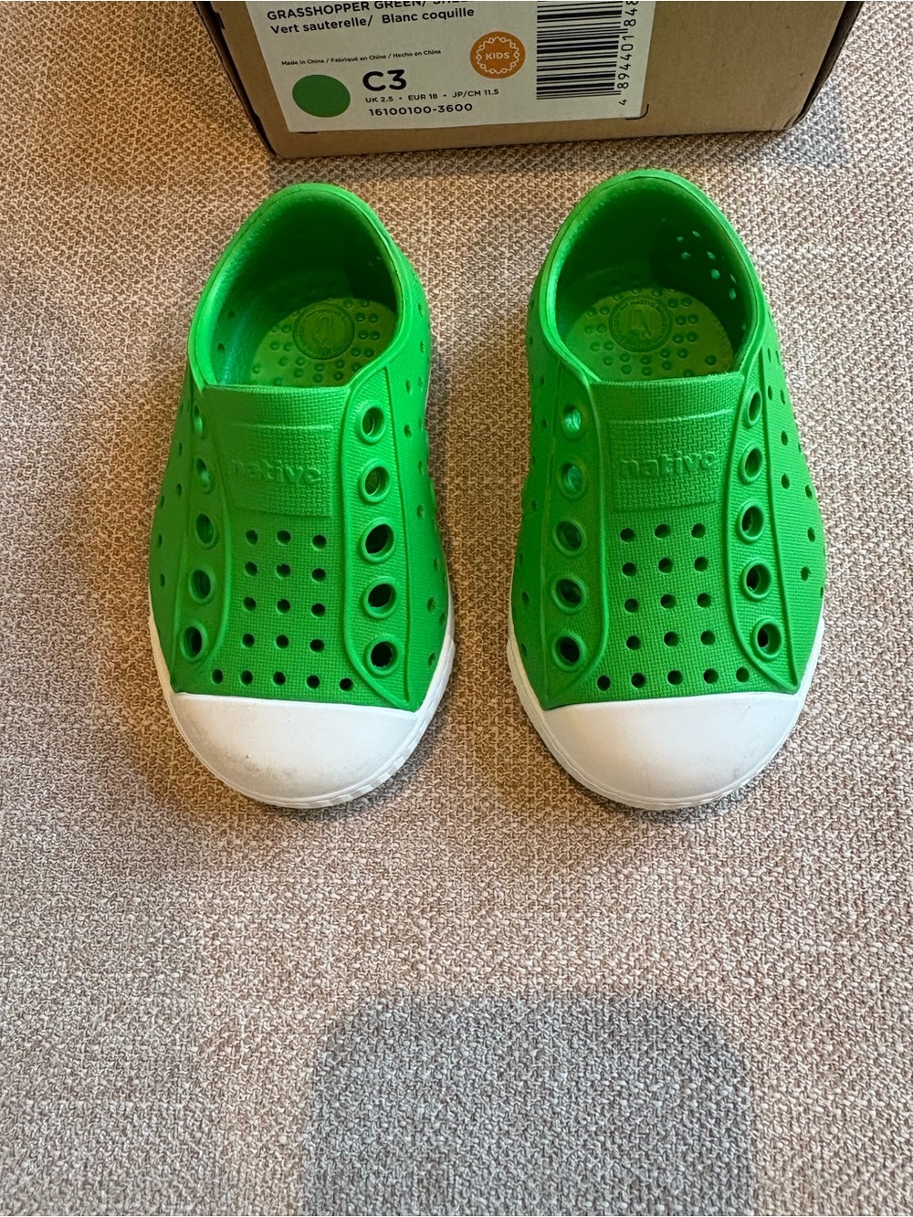 Native shoes worn once, grasshopper green/white Jefferson C3, slip on toddler